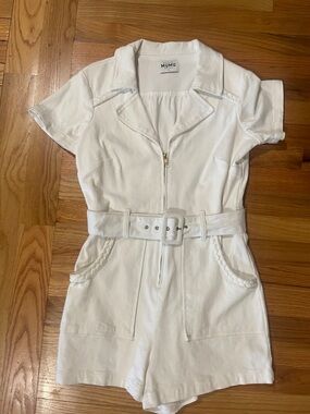 Mumu White Short Sleeve Belted denim stretch Romper